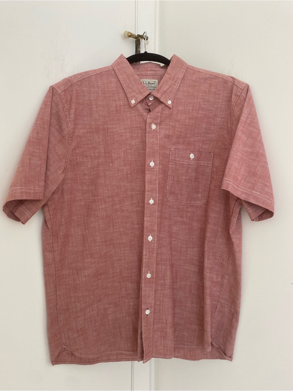 L.L. Bean Short Sleeve Cotton Chambray Button Shirt Nantucket Red Preppy NWOT